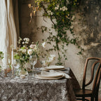 William Morris Strawberry Thief tablecloth in Country Greige with a place setting