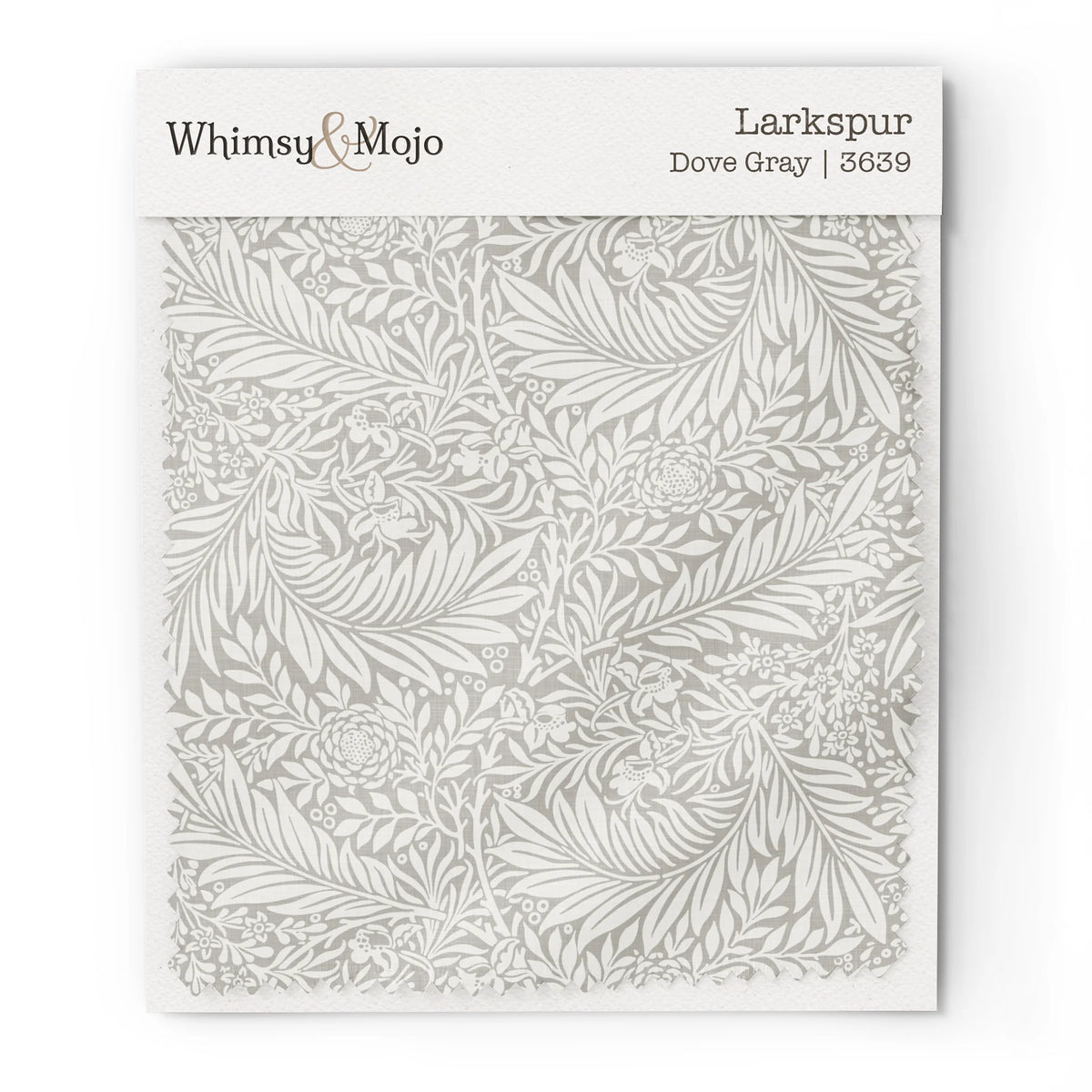 Larkspur Dove Gray 3639 colorway swatch: soft dove-gray larkspur sprays on a pale silver ground. William Morris 1872 larkspur flowers and scrolling leaves in two close tones, as printed on cotton sateen.