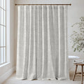 William Morris Larkspur extra long shower curtain in Dove Gray 3639: soft dove-gray larkspur sprays on a pale silver ground. Floor-length tone-on-tone cotton sateen hung from a high-mounted rod in a bright bathroom, handmade to order in 84, 96 and 108 inch lengths.