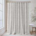 William Morris Larkspur extra long shower curtain in Dove Gray 3639: soft dove-gray larkspur sprays on a pale silver ground. Floor-length tone-on-tone cotton sateen hung from a high-mounted rod in a bright bathroom, handmade to order in 84, 96 and 108 inch lengths.