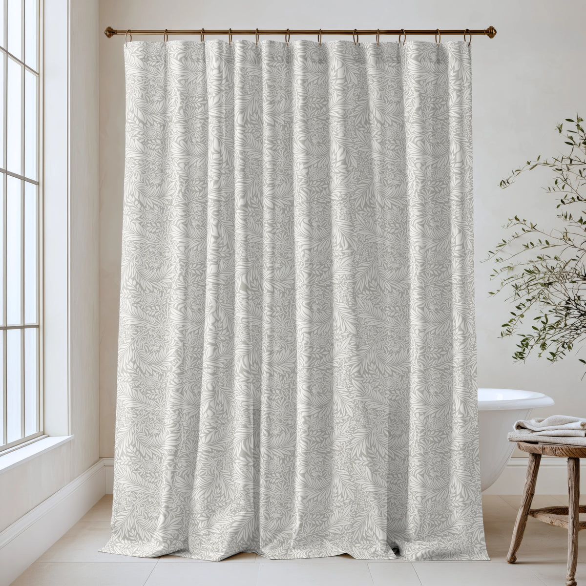 William Morris Larkspur extra long shower curtain in Dove Gray 3639: soft dove-gray larkspur sprays on a pale silver ground. Floor-length tone-on-tone cotton sateen hung from a high-mounted rod in a bright bathroom, handmade to order in 84, 96 and 108 inch lengths.