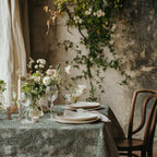 William Morris Pimpernel tablecloth in Silver Sage with a place setting