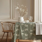 William Morris Pimpernel tablecloth in Silver Sage in a styled dining room