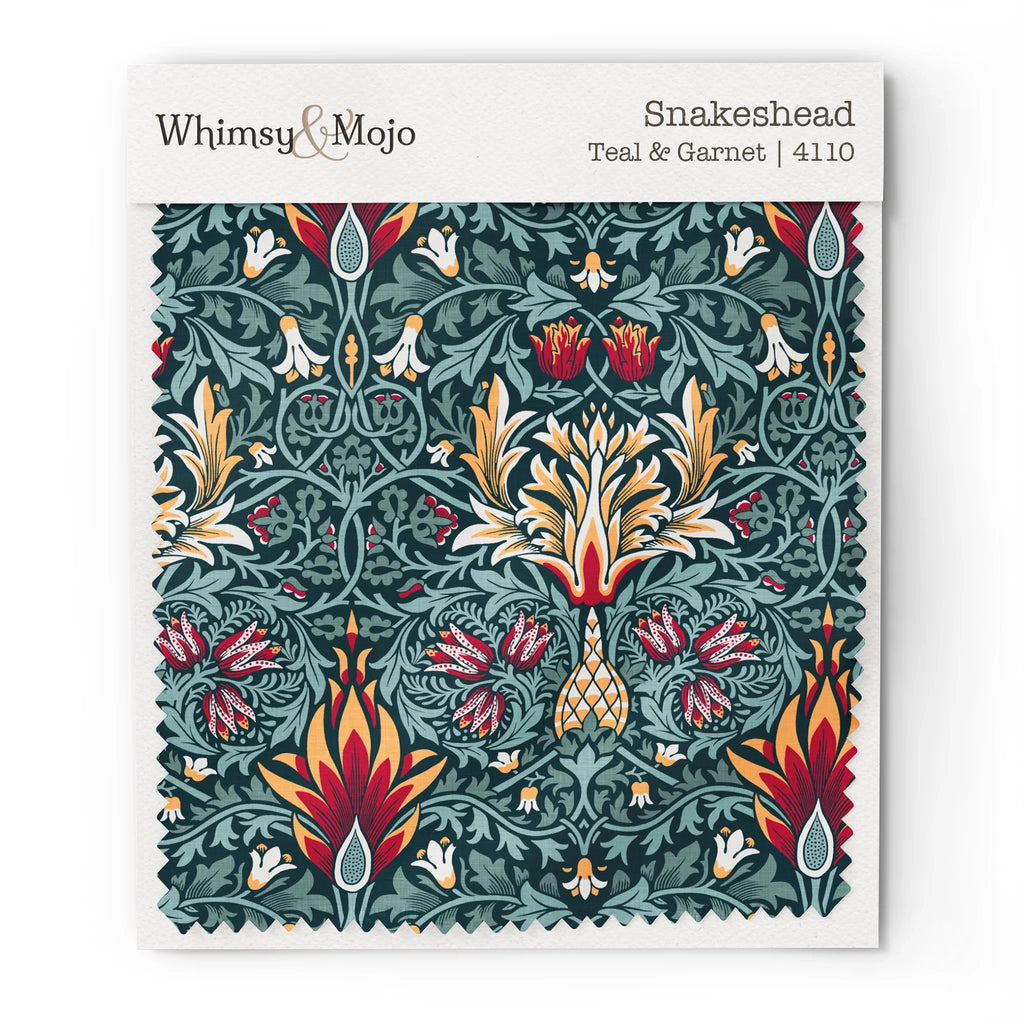 Fabric swatch of William Morris Snakeshead in Teal & Garnet, showing color and texture up close.