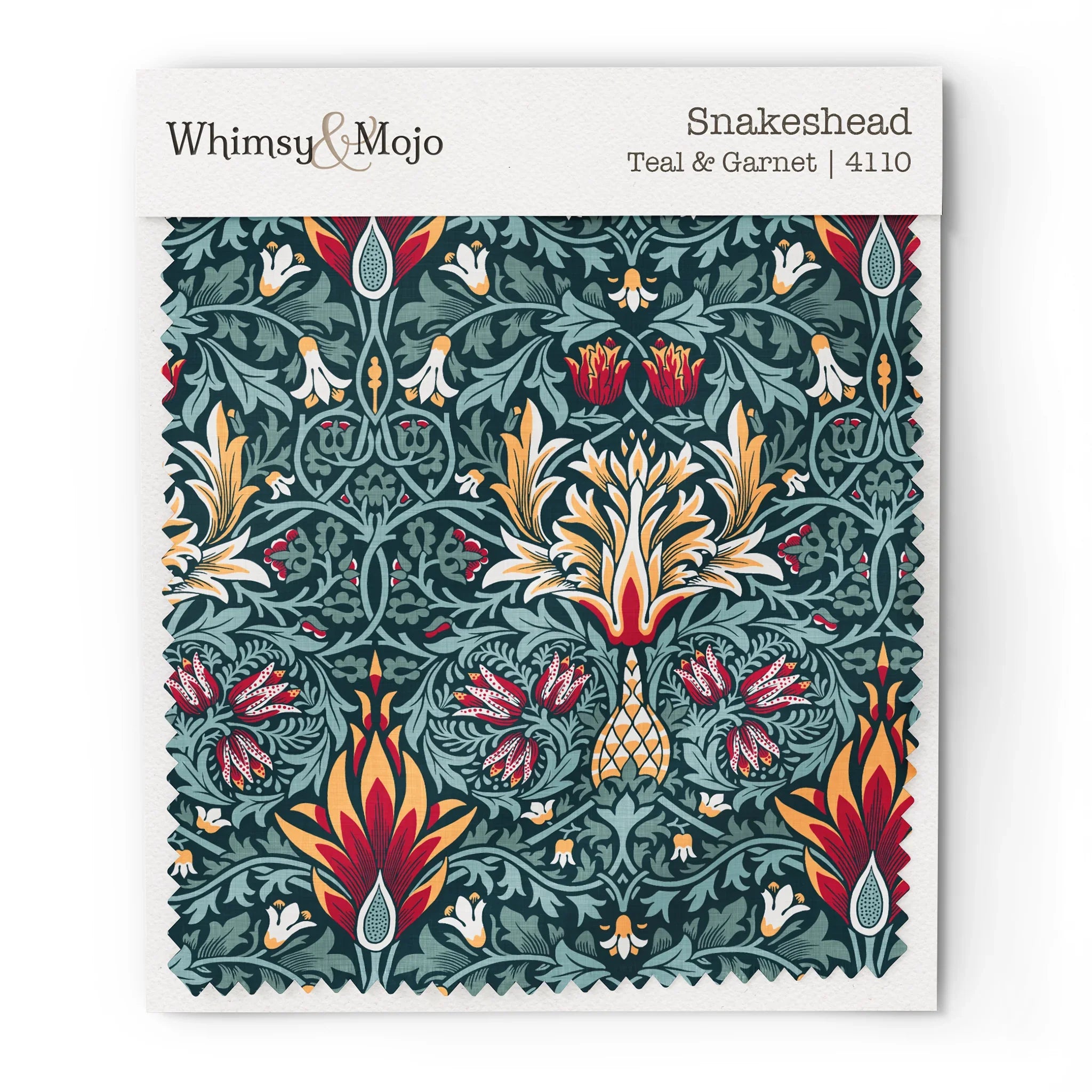Fabric swatch of William Morris Snakeshead in Teal & Garnet, showing color and texture up close.