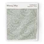 Larkspur Sage Mist 4128 colorway swatch: dusty gray-sage larkspur and leaves on a soft ivory ground. William Morris 1872 larkspur flowers and scrolling leaves in two close tones, as printed on cotton sateen.