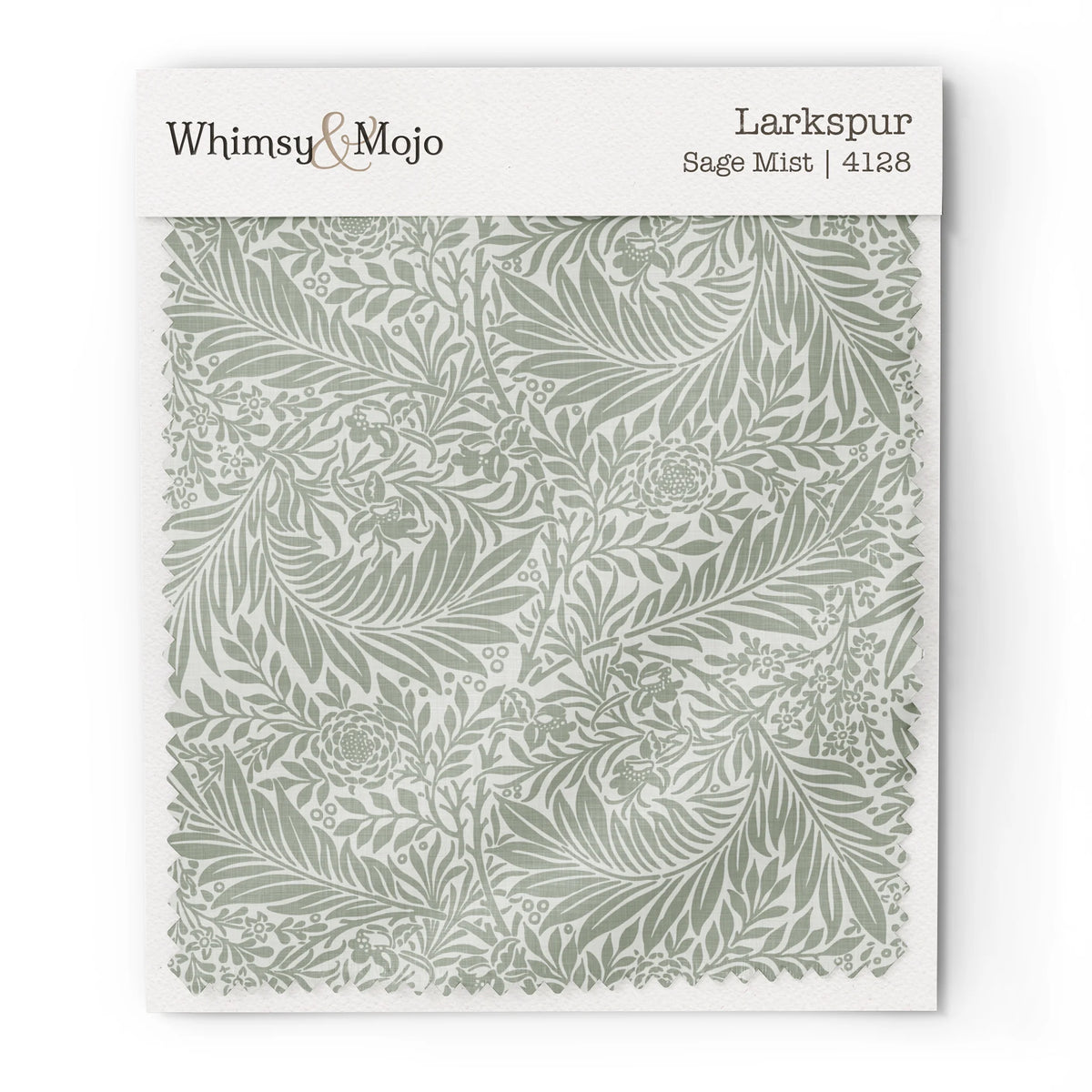 Larkspur Sage Mist 4128 colorway swatch: dusty gray-sage larkspur and leaves on a soft ivory ground. William Morris 1872 larkspur flowers and scrolling leaves in two close tones, as printed on cotton sateen.