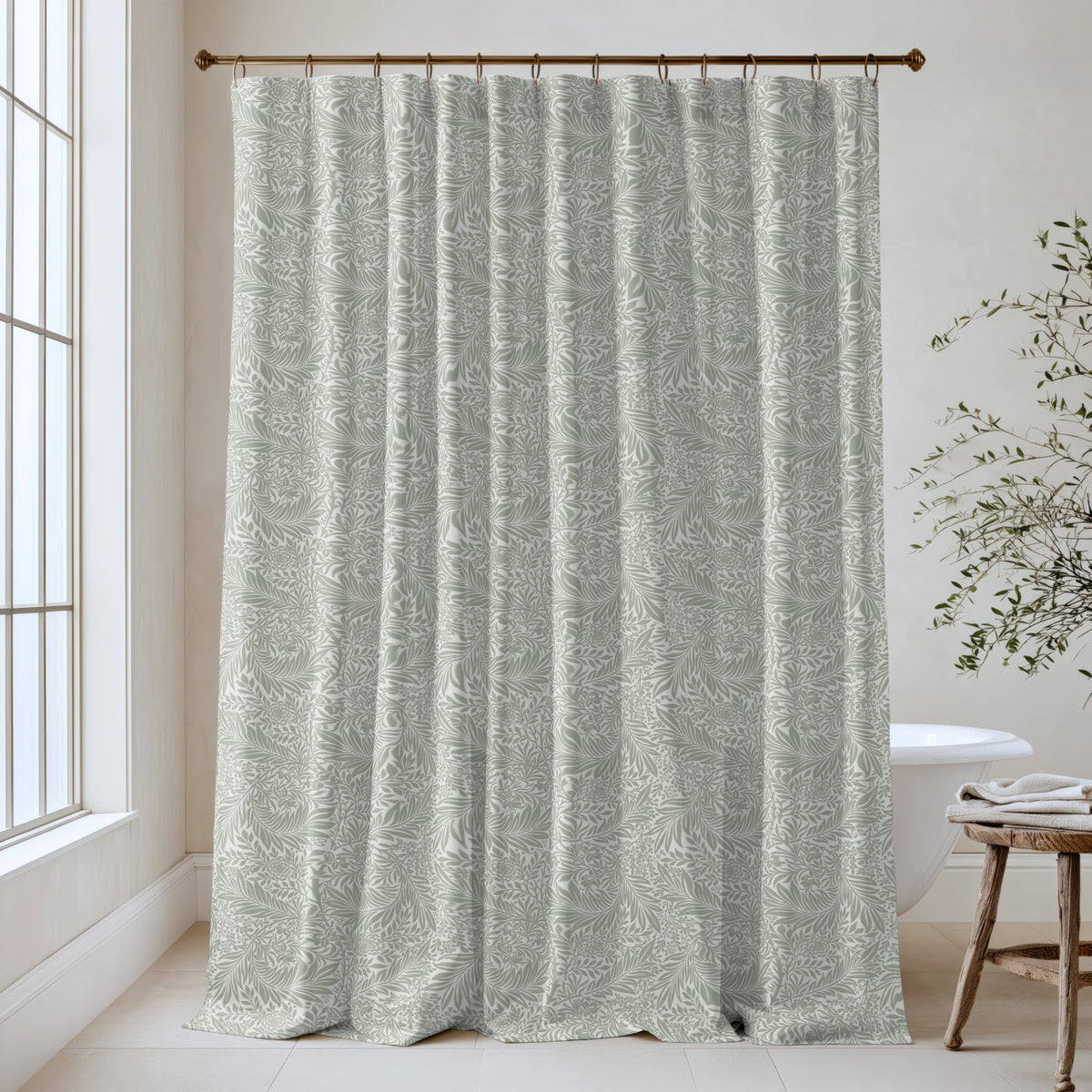 William Morris Larkspur extra long shower curtain in Sage Mist 4128: dusty gray-sage larkspur and leaves on a soft ivory ground. Floor-length tone-on-tone cotton sateen hung from a high-mounted rod in a bright bathroom, handmade to order in 84, 96 and 108 inch lengths.