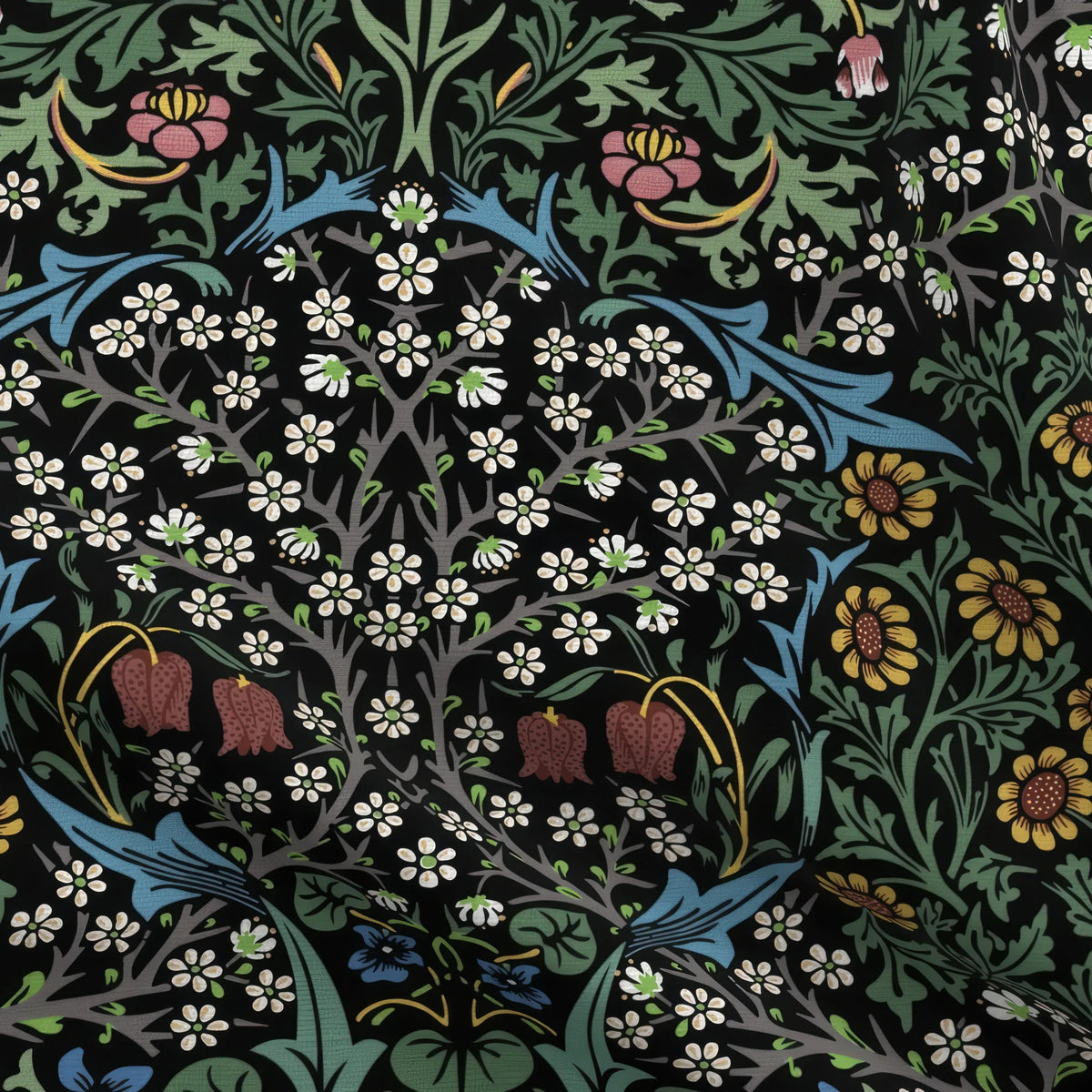 William Morris Blackthorn fabric in Classic Black, close view of the printed cotton