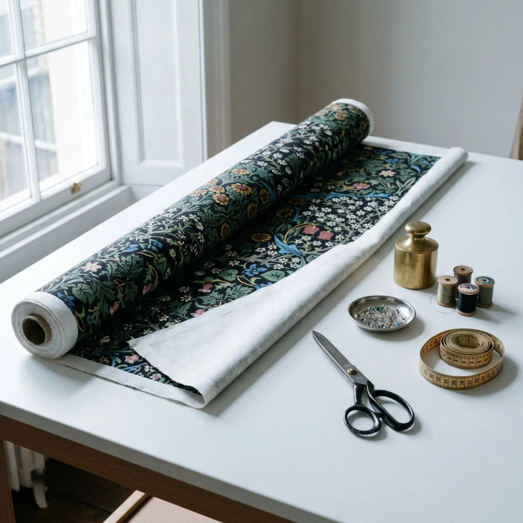 A roll of William Morris Blackthorn fabric in Classic Black part-unrolled on a work table with scissors and thread.