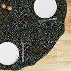 William Morris tablecloth round in Dramatic Black Blackthorn floral design, with intricate vines and floral motifs, styled for cottagecore tablescapes and English country dining rooms.