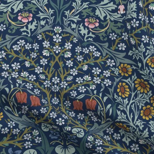 William Morris Blackthorn fabric in Dusky Blue Garden, close view of the printed cotton