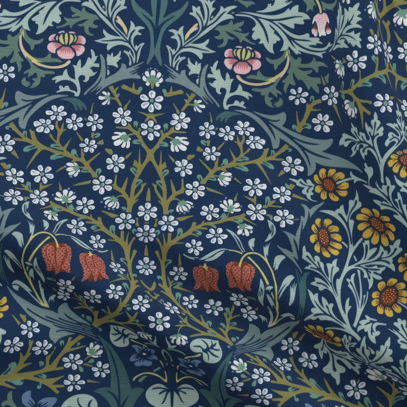 William Morris Blackthorn fabric in Dusky Blue Garden, close view of the printed cotton
