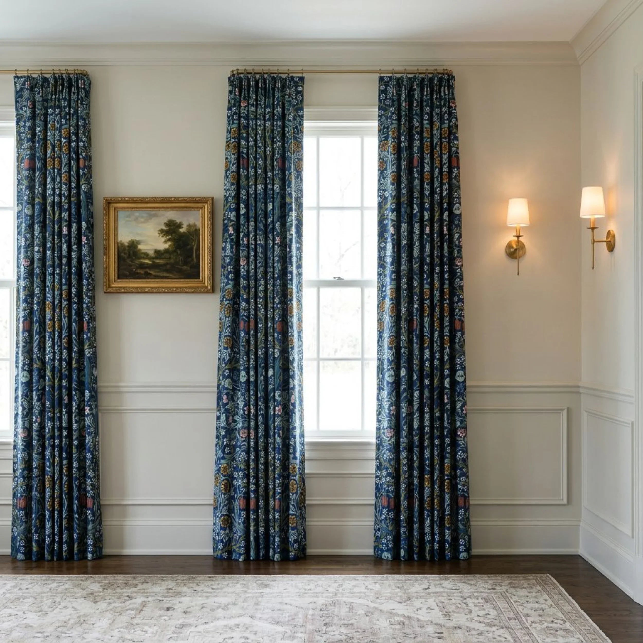 William Morris Blackthorn fabric in Dusky Blue Garden made up as curtains at a tall sash window.