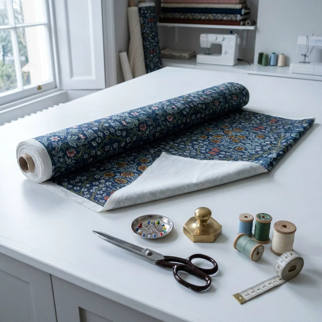 A roll of William Morris Blackthorn fabric in Dusky Blue Garden part-unrolled on a work table with scissors and thread.