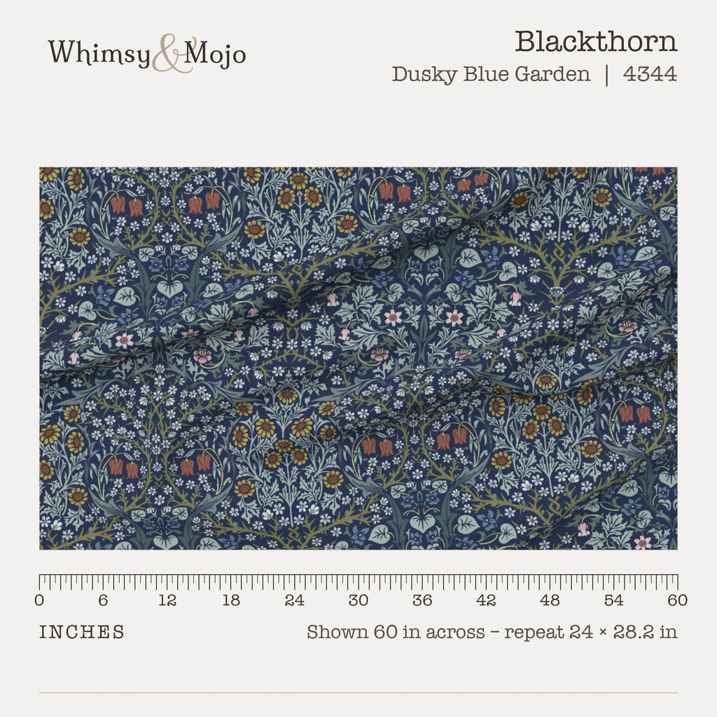 Blackthorn in Dusky Blue Garden shown at true scale with a ruler, 60 inches across