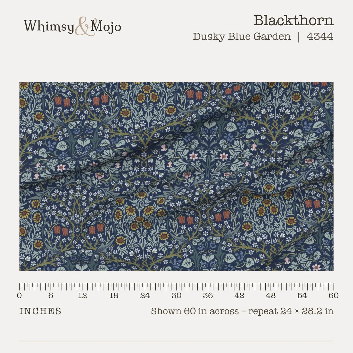 Blackthorn in Dusky Blue Garden shown at true scale with a ruler, 60 inches across