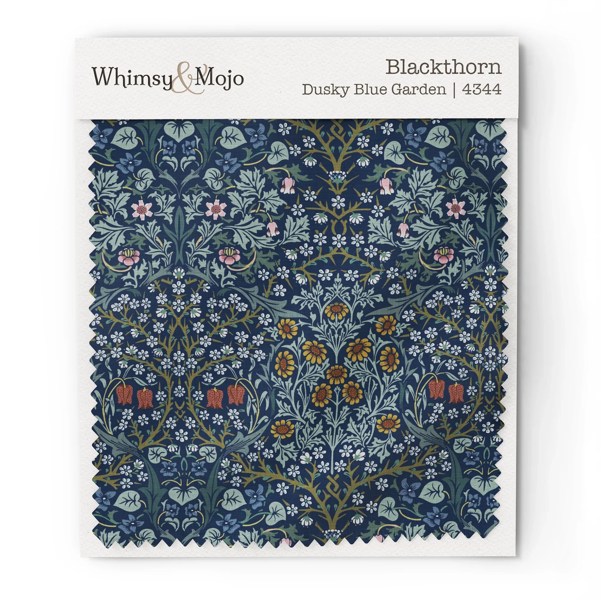 Fabric swatch of William Morris Blackthorn pattern in Dusky Blue Garden colorway, showing color and texture up close.