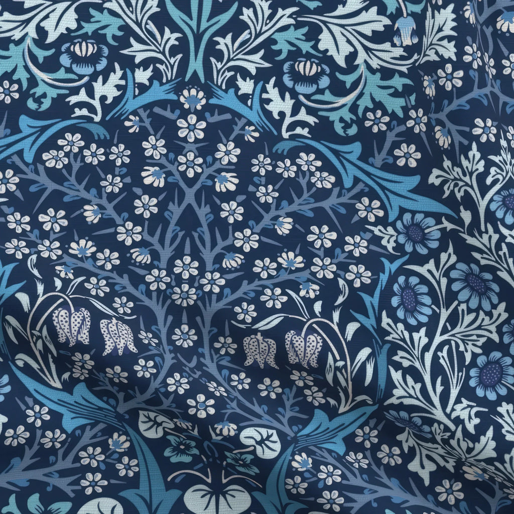 William Morris Blackthorn upholstery fabric in English Lapis, close view of the printed cloth
