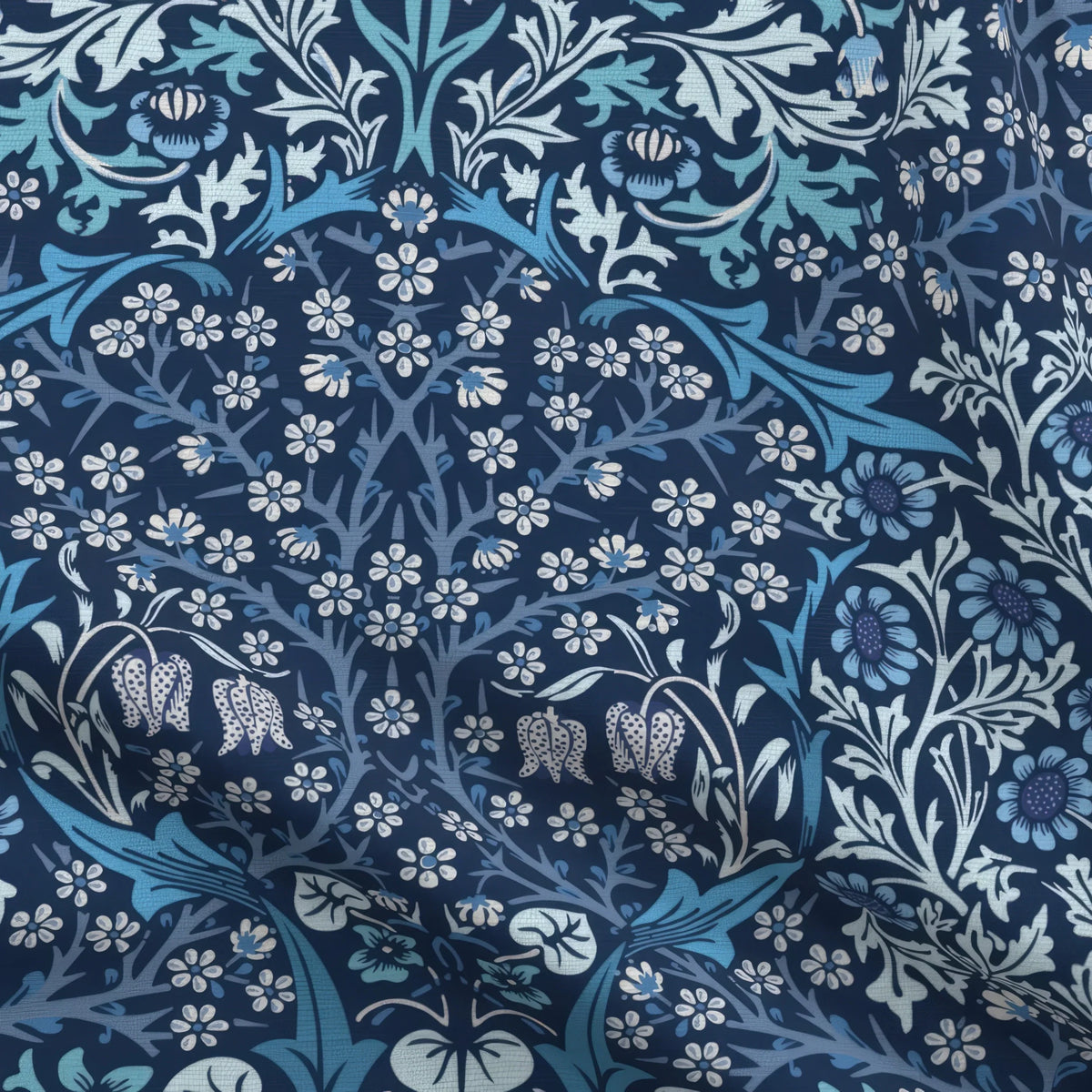 William Morris Blackthorn fabric in English Lapis, close view of the printed cotton