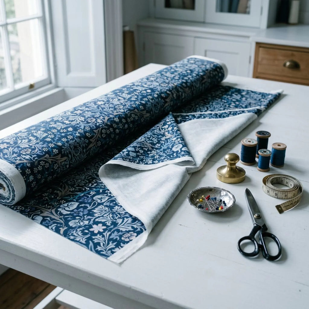 A roll of William Morris Blackthorn fabric in English Lapis part-unrolled on a work table with scissors and thread.
