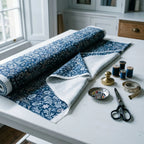 A roll of William Morris Blackthorn fabric in English Lapis part-unrolled on a work table with scissors and thread.