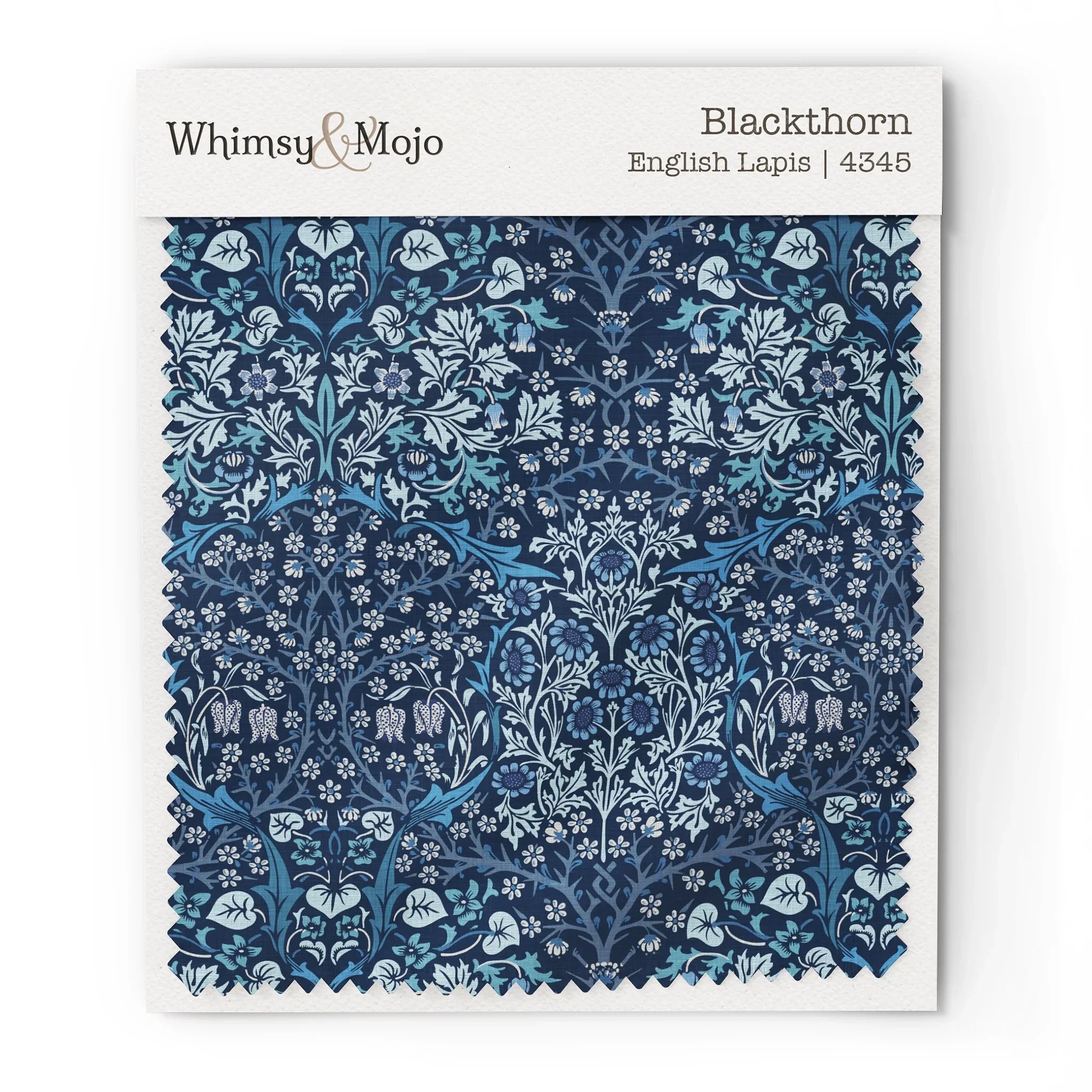 Fabric swatch of William Morris Blackthorn in English Lapis, showing color and texture up close.