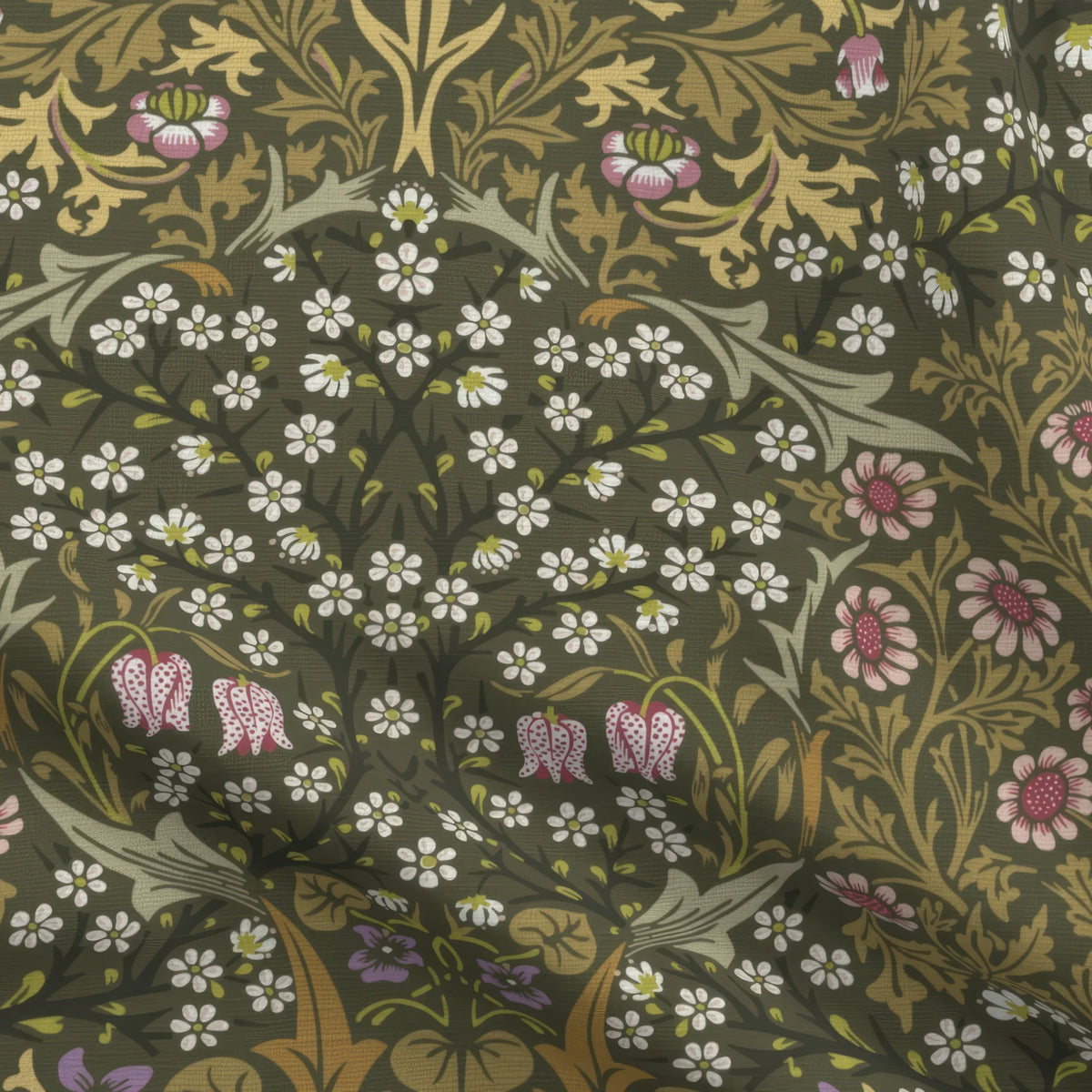 William Morris Blackthorn upholstery fabric in Sultry Olive, close view of the printed cloth