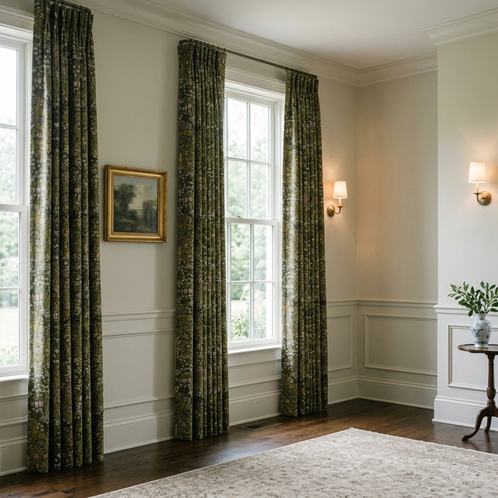 William Morris Blackthorn fabric in Sultry Olive made up as curtains at a tall sash window.