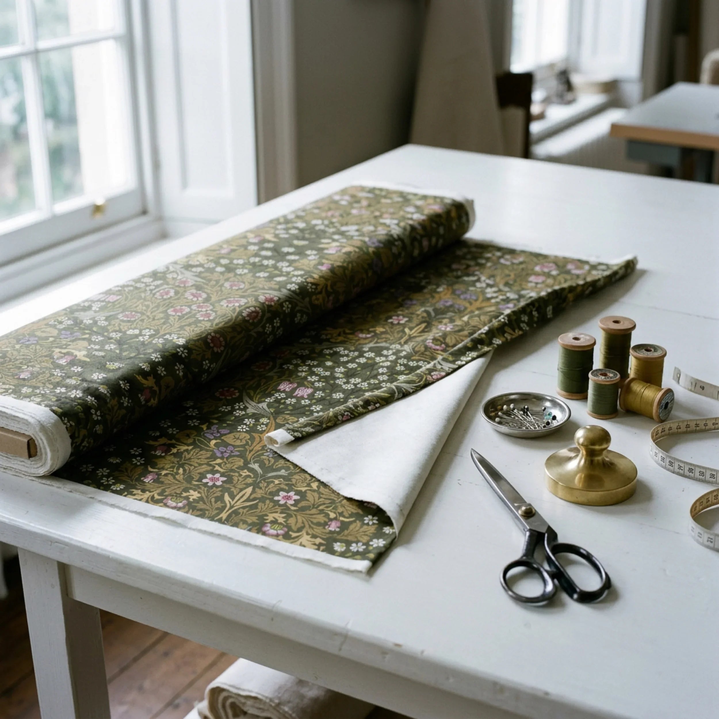 A roll of William Morris Blackthorn fabric in Sultry Olive part-unrolled on a work table with scissors and thread.