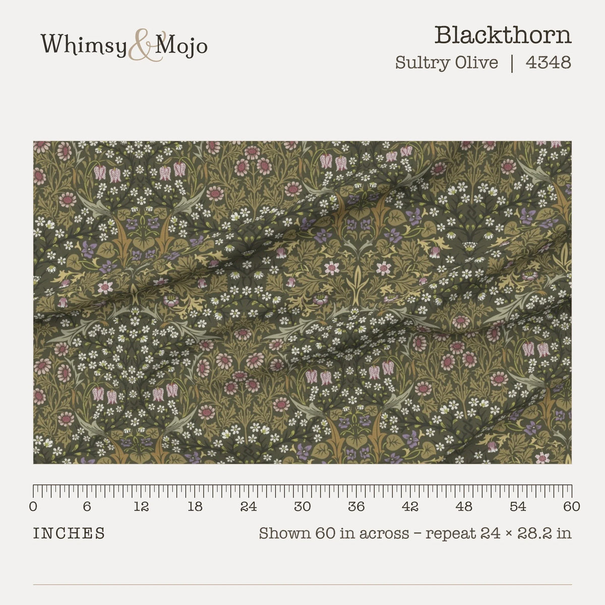Blackthorn in Sultry Olive shown at true scale with a ruler, 60 inches across