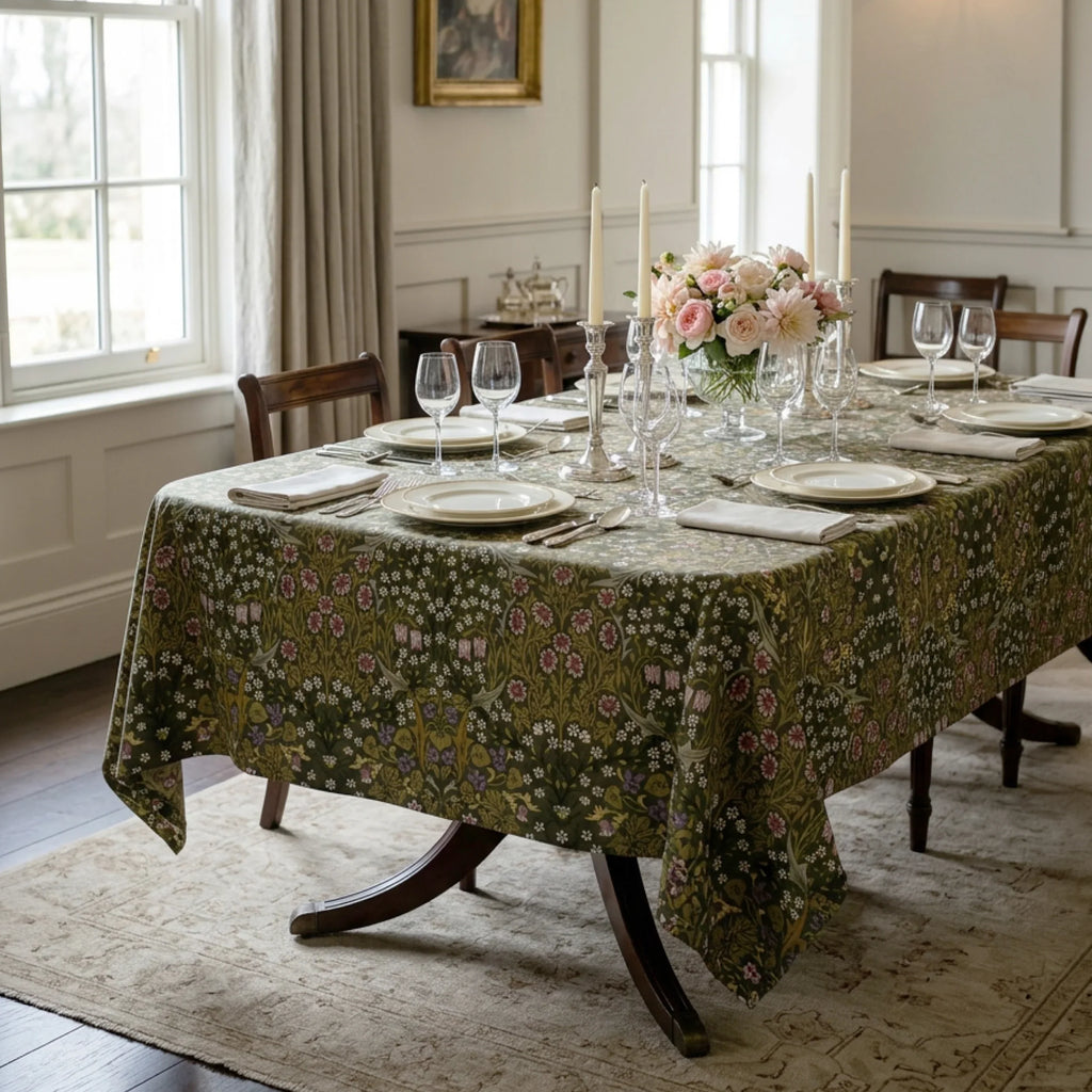 William Morris Blackthorn fabric in Sultry Olive sewn into a tablecloth on a dining table in a panelled English dining room.