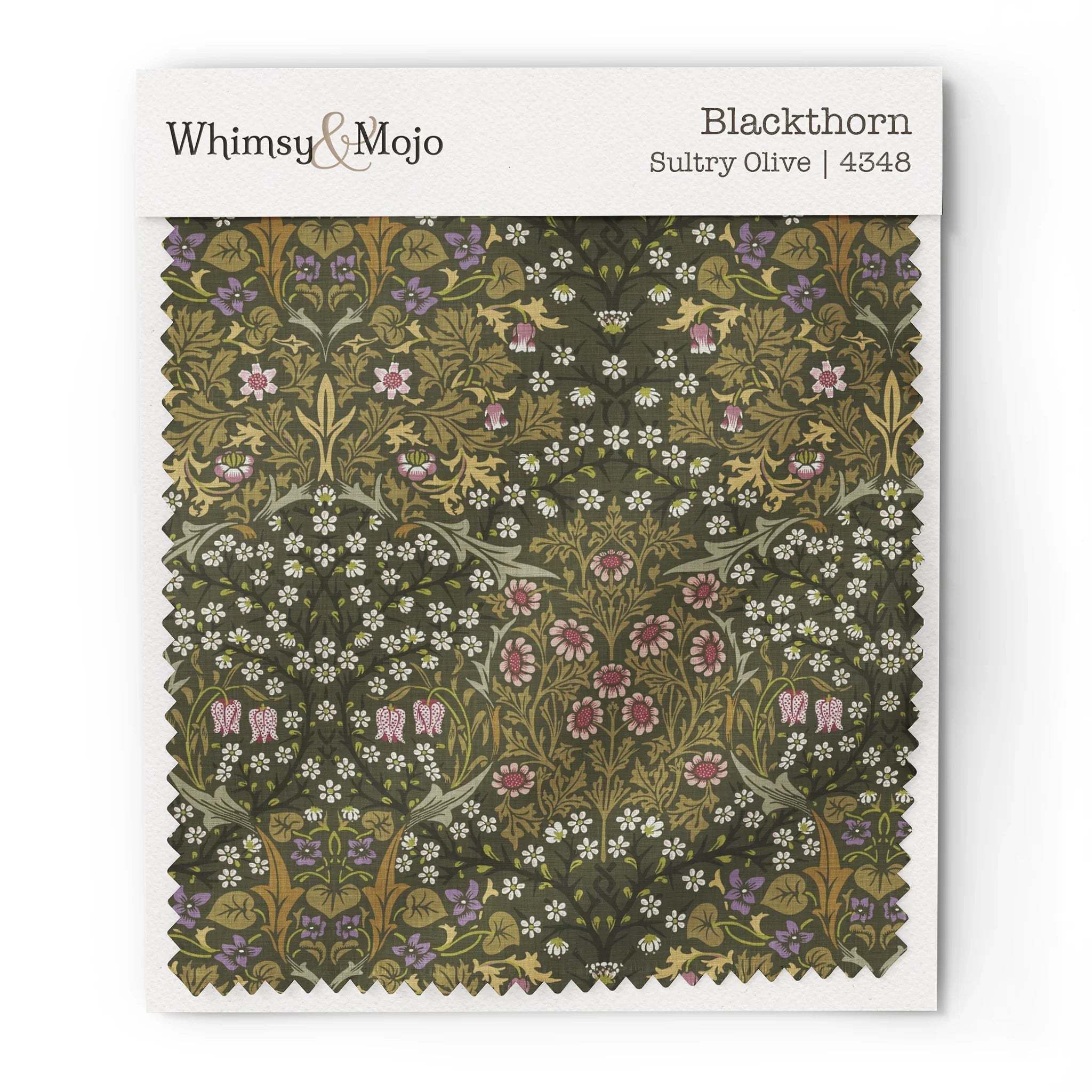 Fabric swatch of William Morris Blackthorn pattern in Sultry Olive colorway, showing color and texture up close.