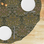 William Morris tablecloth round in Olive green Blackthorn floral design, with intricate vines and floral motifs, styled for cottagecore tablescapes and English country dining rooms.