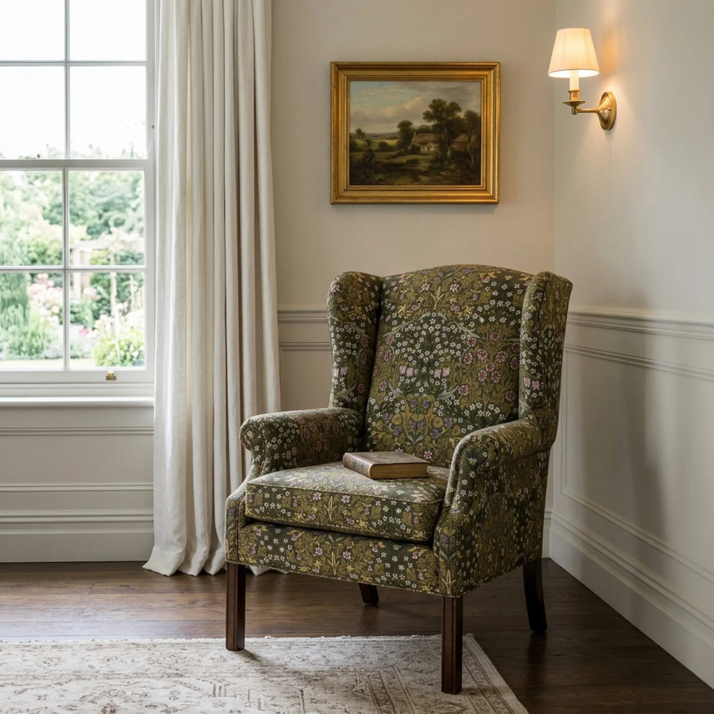 A wingback armchair upholstered in William Morris Blackthorn fabric in Sultry Olive.