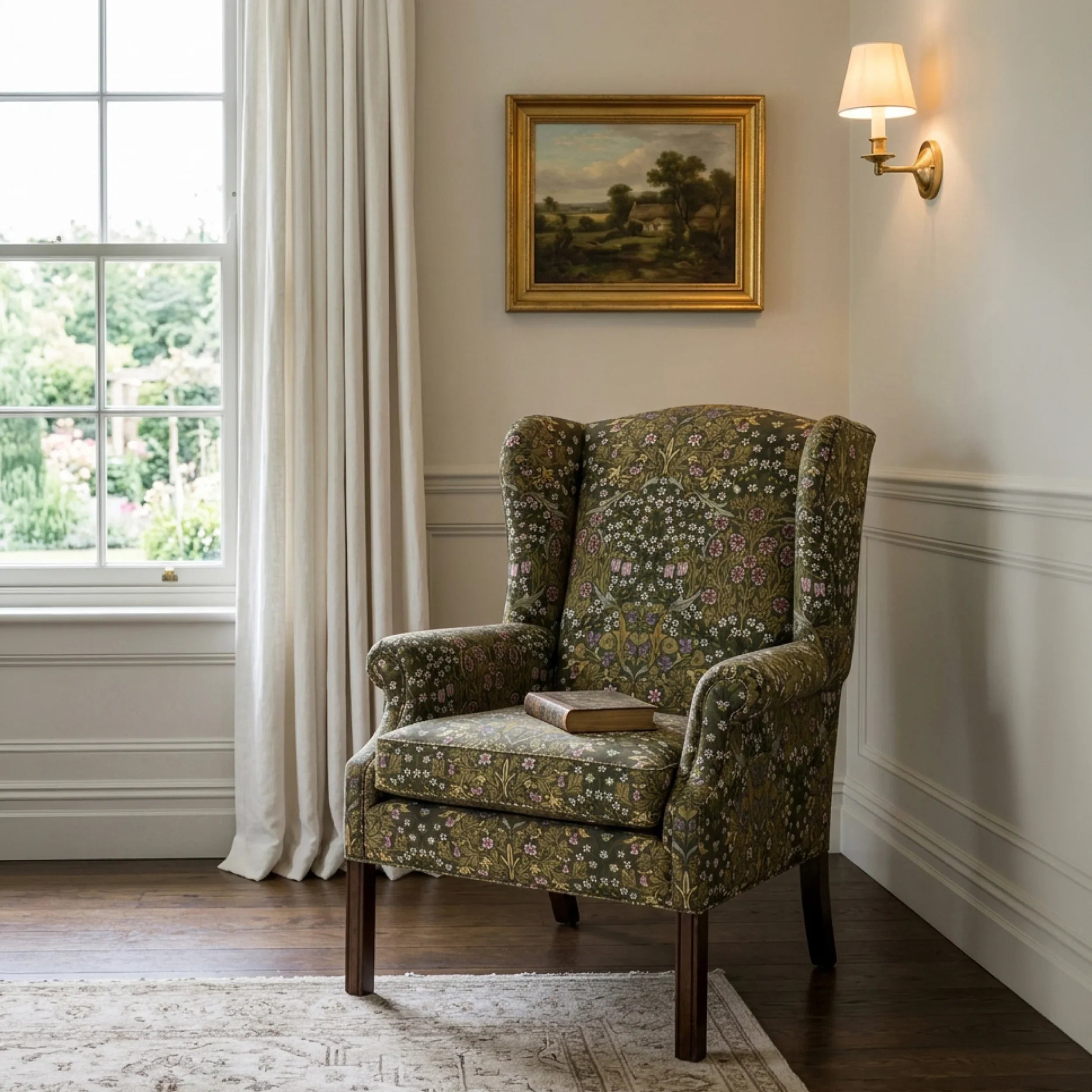 A wingback armchair upholstered in William Morris Blackthorn fabric in Sultry Olive.