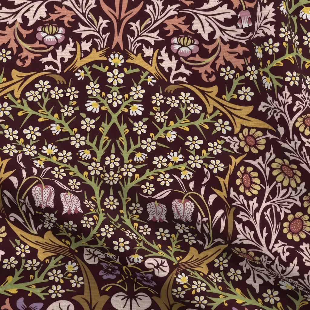 William Morris Blackthorn upholstery fabric in Maroon & Mauve, close view of the printed cloth
