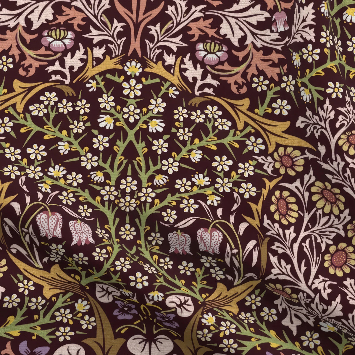 William Morris Blackthorn upholstery fabric in Maroon & Mauve, close view of the printed cloth