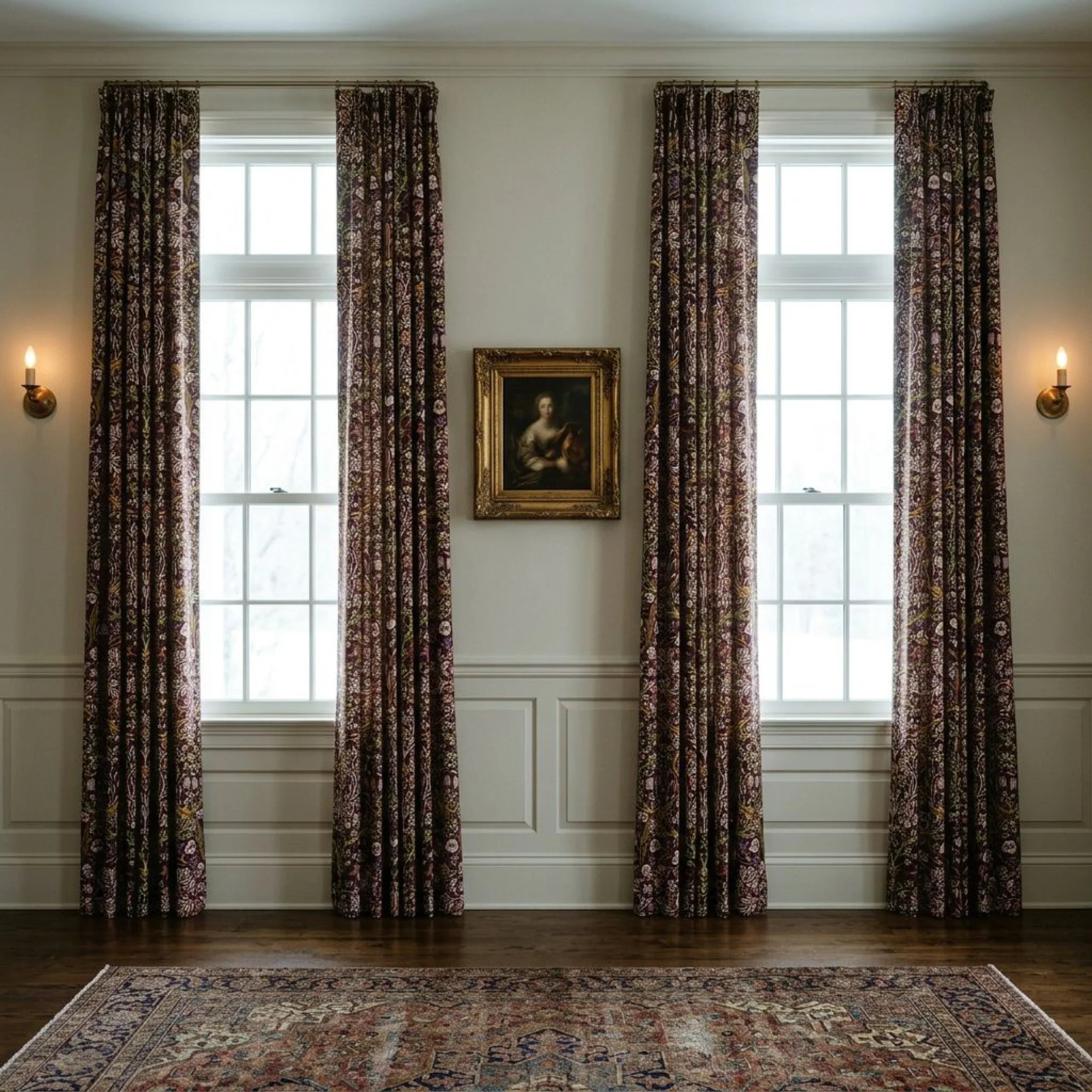 William Morris Blackthorn fabric in Maroon & Mauve made up as curtains at a tall sash window.