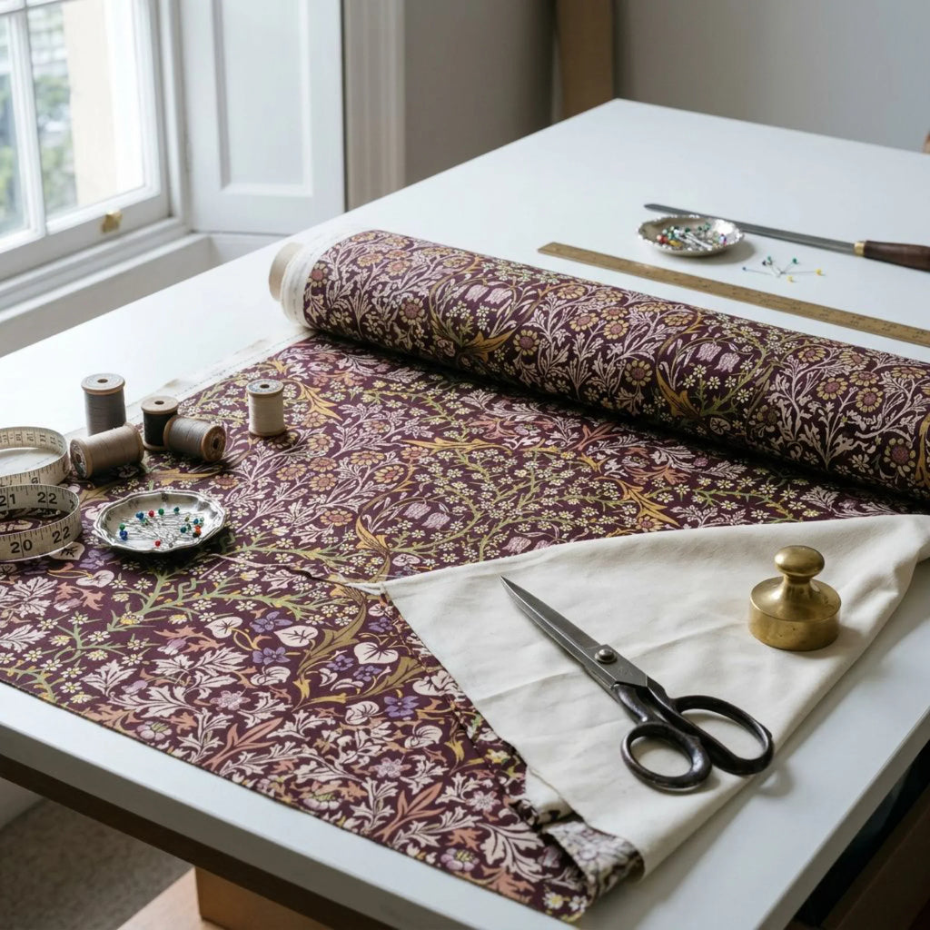 A roll of William Morris Blackthorn fabric in Maroon & Mauve part-unrolled on a work table with scissors and thread.