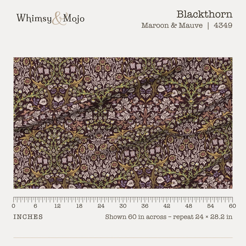 Blackthorn in Maroon & Mauve shown at true scale with a ruler, 60 inches across