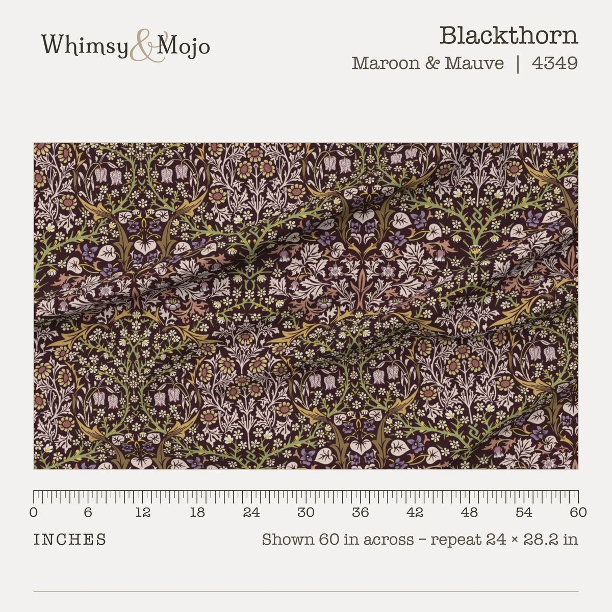 Blackthorn in Maroon & Mauve shown at true scale with a ruler, 60 inches across