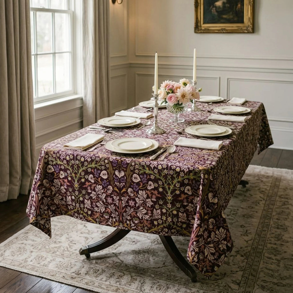 William Morris Blackthorn fabric in Maroon & Mauve sewn into a tablecloth on a dining table in a panelled English dining room.