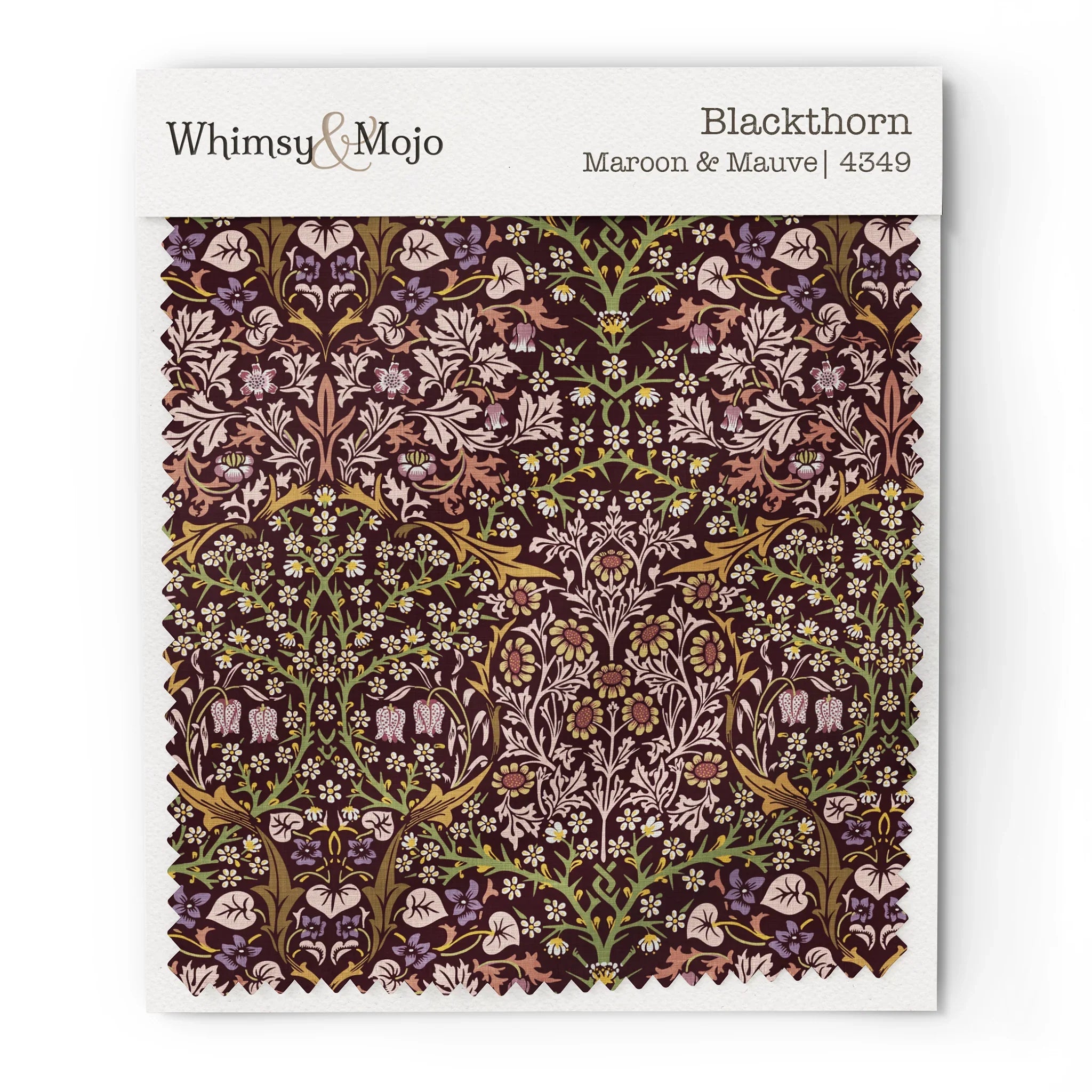 Fabric swatch of William Morris Blackthorn pattern in Maroon & Mauve colorway, showing color and texture up close.