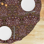 William Morris tablecloth round in Maroon Blackthorn floral design, with intricate vines and floral motifs, styled for cottagecore tablescapes and English country dining rooms.