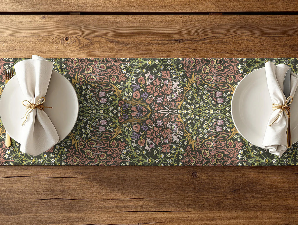 William Morris Blackthorn table runner with floral pattern on a wooden table. Secret Garden cottagecore table runners