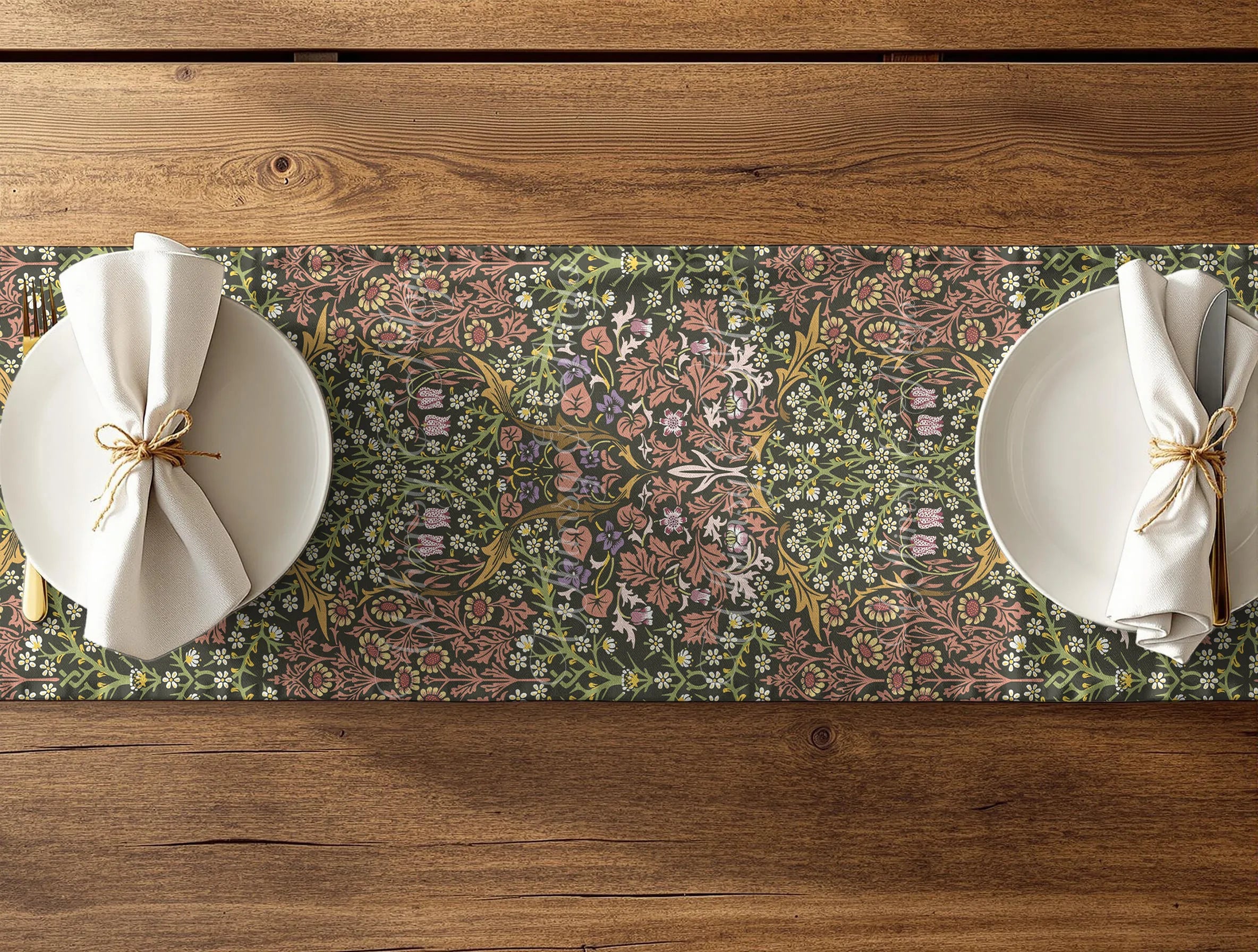 William Morris Blackthorn table runner with floral pattern on a wooden table. Secret Garden cottagecore table runners