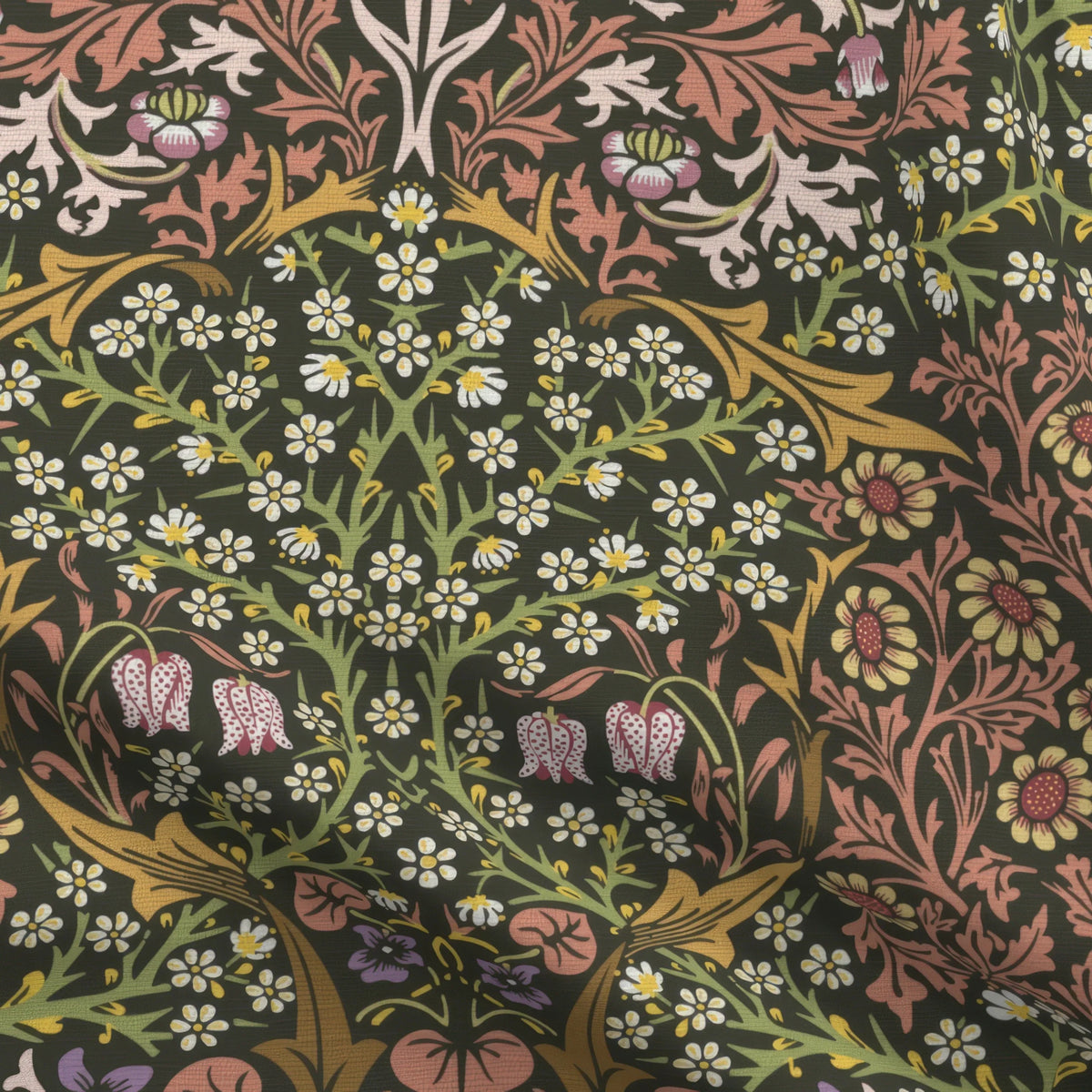 William Morris Blackthorn upholstery fabric in Secret Garden, close view of the printed cloth
