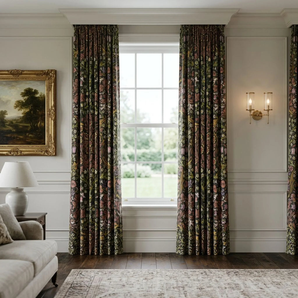 William Morris Blackthorn fabric in Secret Garden made up as curtains at a tall sash window.