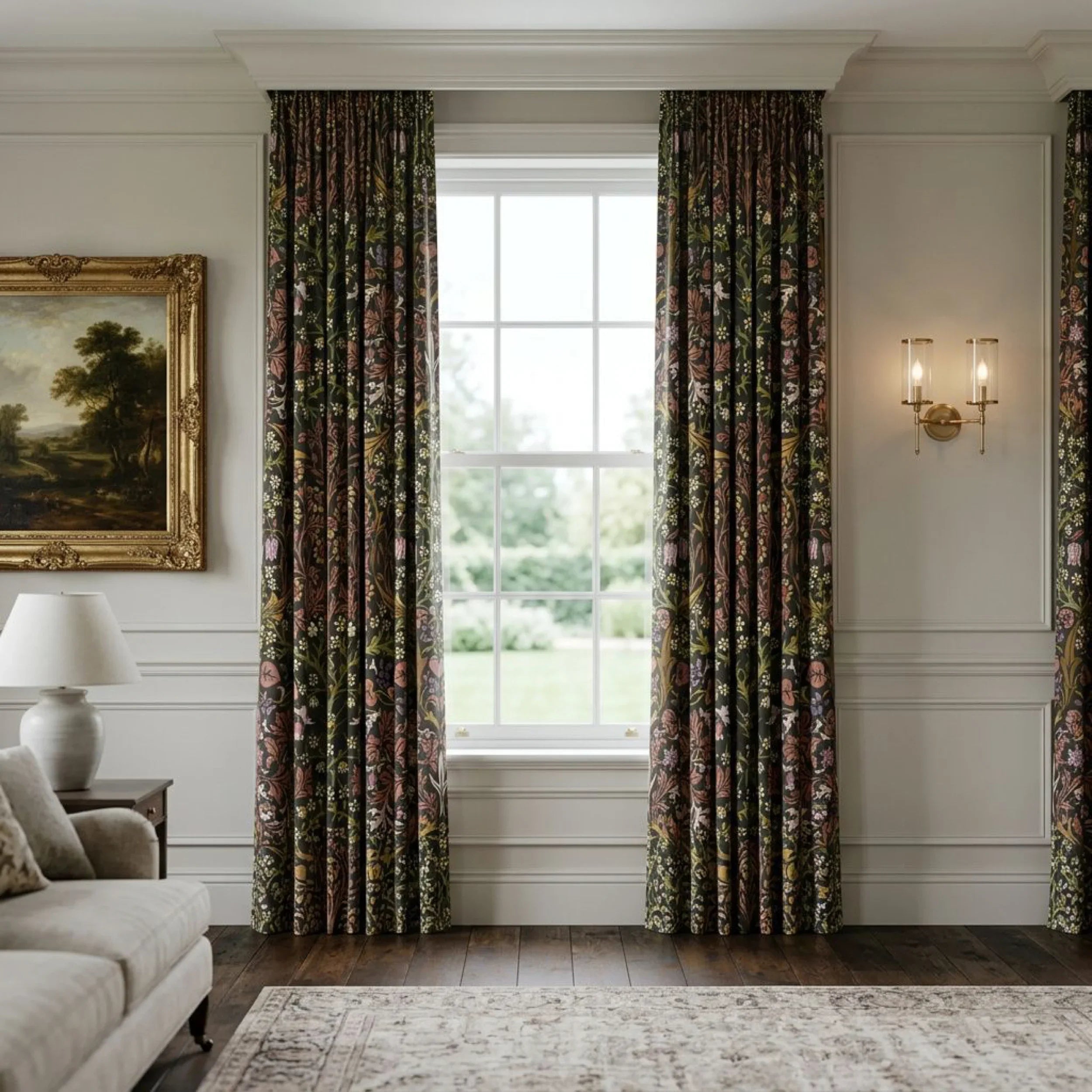 William Morris Blackthorn fabric in Secret Garden made up as curtains at a tall sash window.
